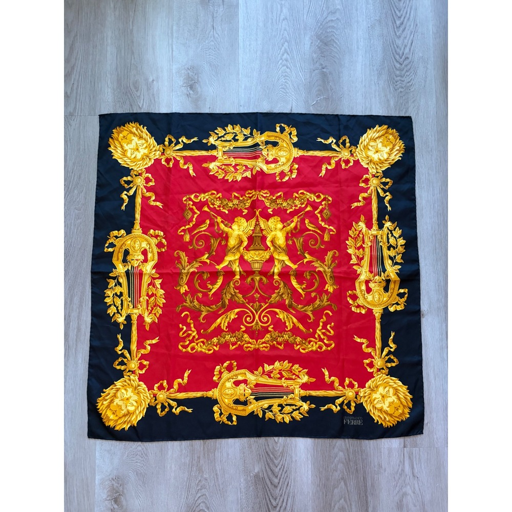Gianfranco Ferre Silk Scarf Red Gold Baroque Lion Cherub Angels Lyre  34x34